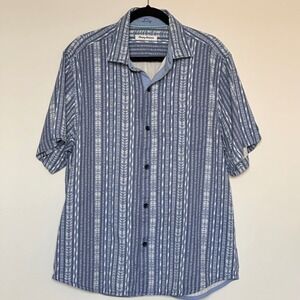 Tommy Bahama Mens Large Blue White 100% Silk Geometric Stripe Hawaiian Shirt